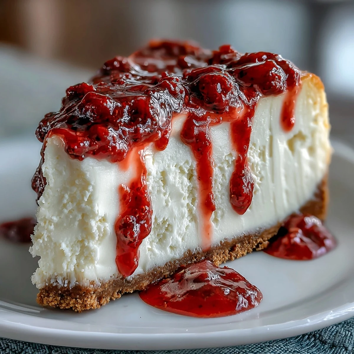 Porción elegante de White Chocolate Raspberry Cheesecake Bliss lista para servir, con corte limpio y frambuesas frescas encima.