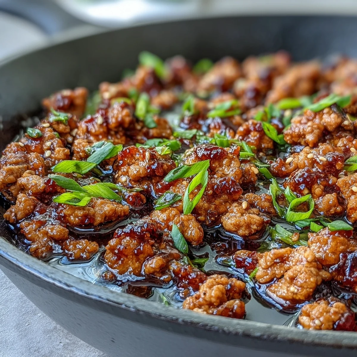 Spicy-sweet Korean-Style Ground Turkey served over steamed rice with chopped chives for a quick dinner.