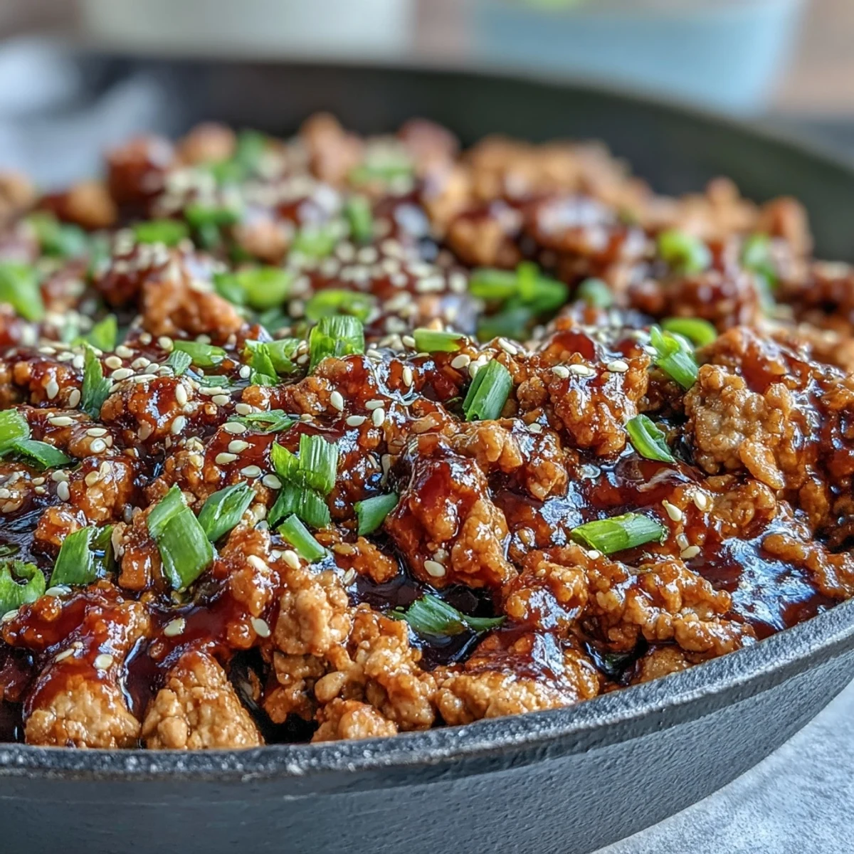 Delicious Korean-Style Ground Turkey simmered in a savory, spicy-sweet sauce topped with toasted sesame seeds.