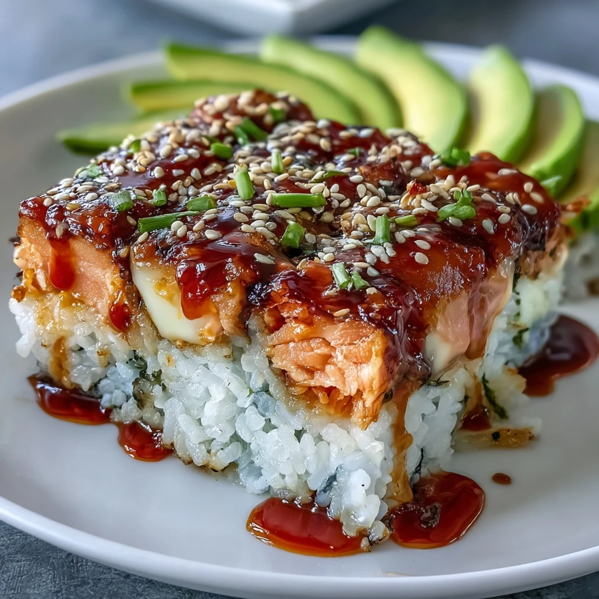 Presentación del plato terminado: cama de arroz sushi con salmón picante, queso derretido y aguacate fresco, servido en hojas de algas.