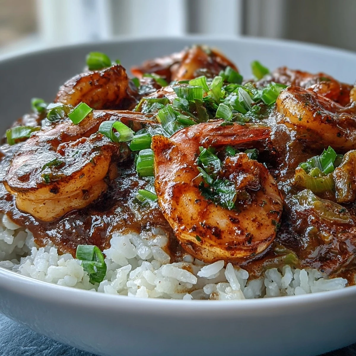Clásica Nueva Orleans Étouffée con camarones jugosos en salsa espesa sobre arroz blanco, lista para servir.