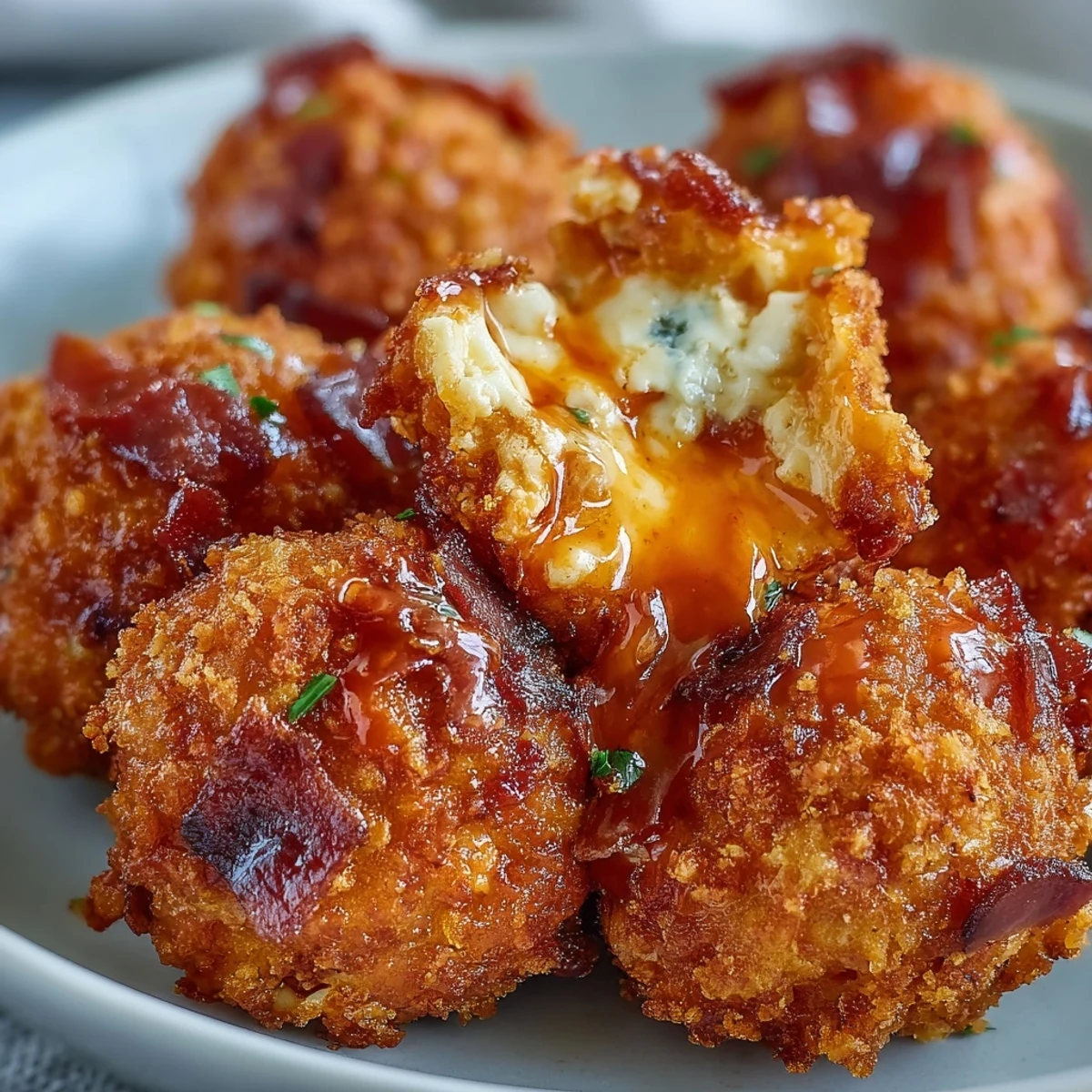 Golden-brown Buffalo Chicken Bacon Mozzarella Bombs lined up on a platter, showing melted cheese oozing out from a crispy panko crust.