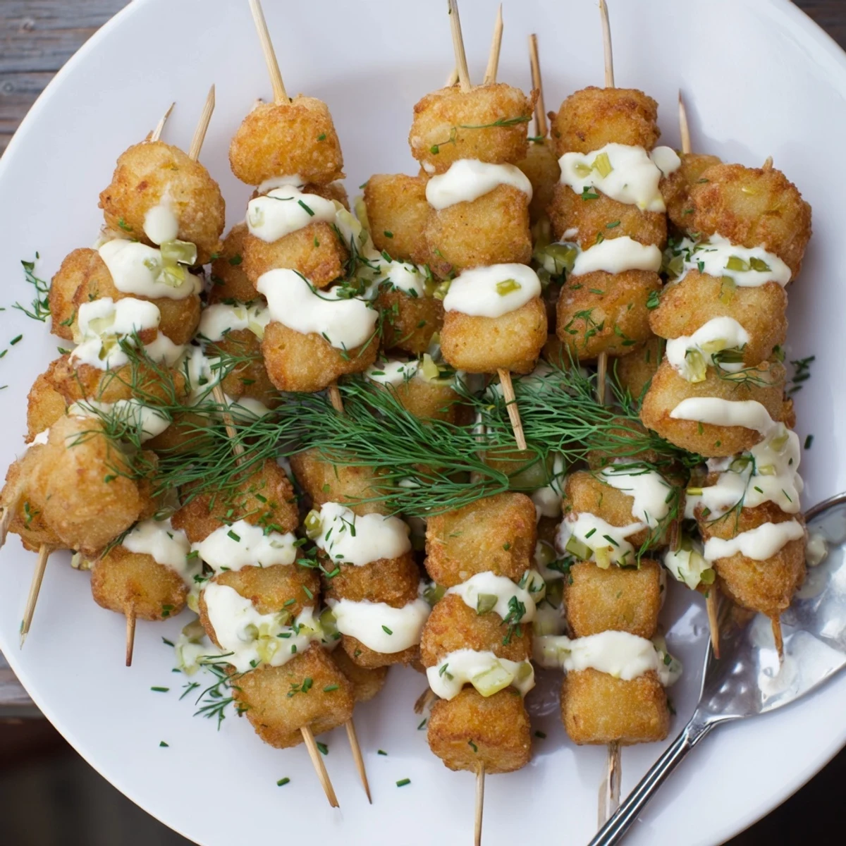 Golden-brown Patatas Pops drizzled with tangy pickle aioli, perfect for gatherings.  
