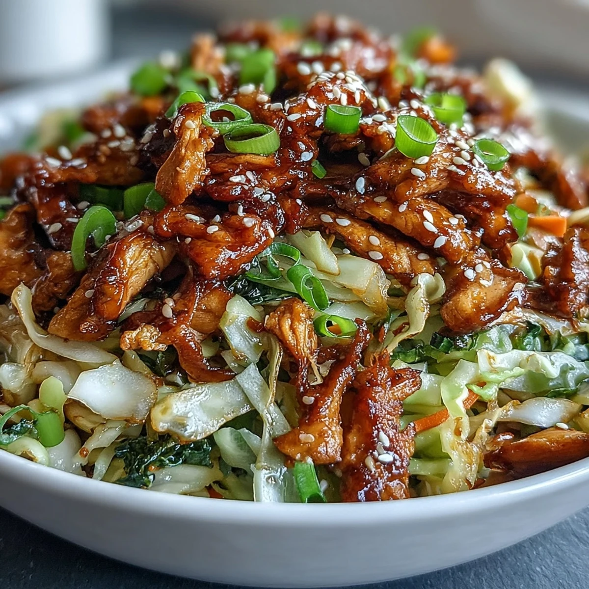 Un plato de Bowl de Egg Roll con pollo y repollo, adornado con cebolletas, semillas de sésamo y un toque de crujiente de chile.