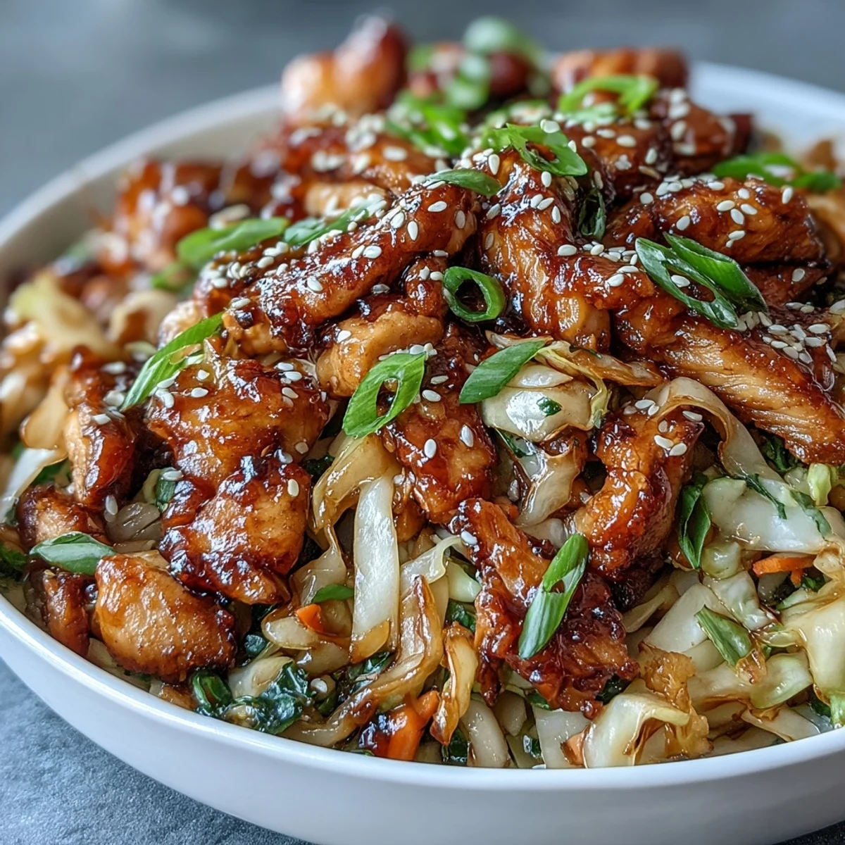 El Bowl de Egg Roll con pollo se sirve sobre arroz blanco, con su mezcla crujiente de repollo y zanahorias en una salsa agridulce.