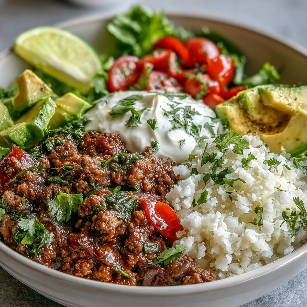 Un bowl bajo en carbohidratos con carne molida sazonada, arroz de coliflor y frescos vegetales sobre lechuga.
