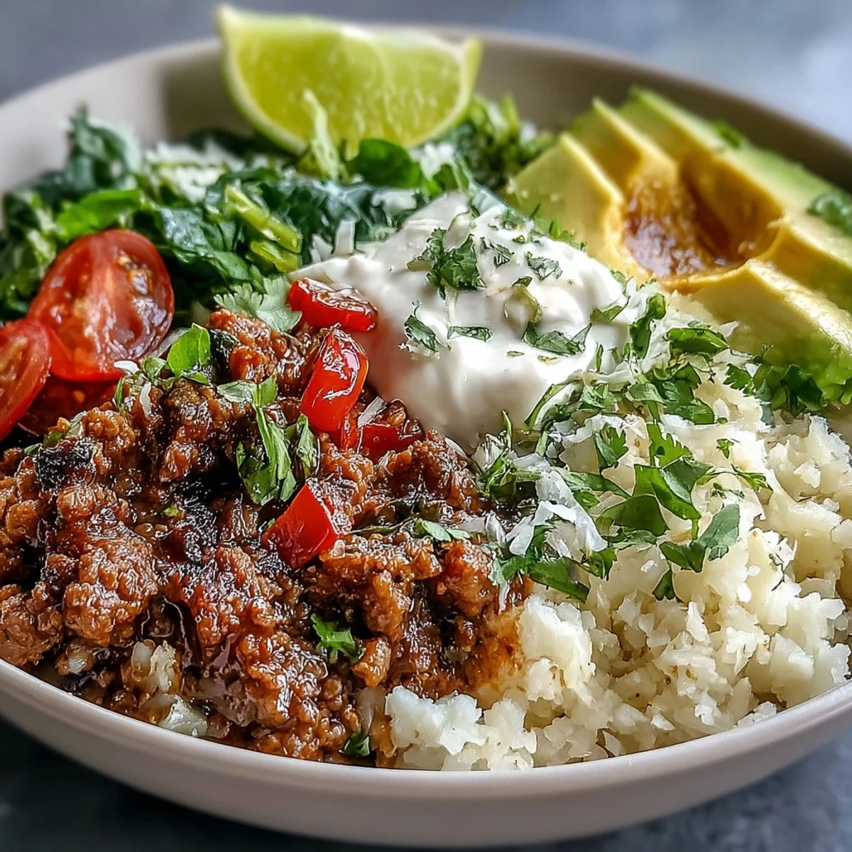 Bowl de bajo carburo con carne jugosa, vegetales crujientes y cremosa salsa aguacate en un fondo de lechuga.