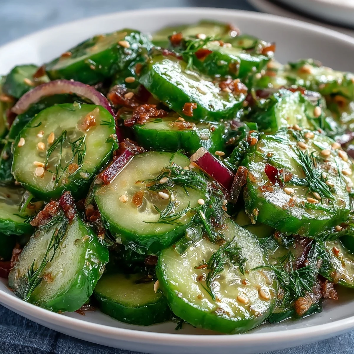Delicioso plato de Ensalada Refrescante de Pepino Crujiente, ideal como acompañamiento ligero para barbacoas estadounidenses