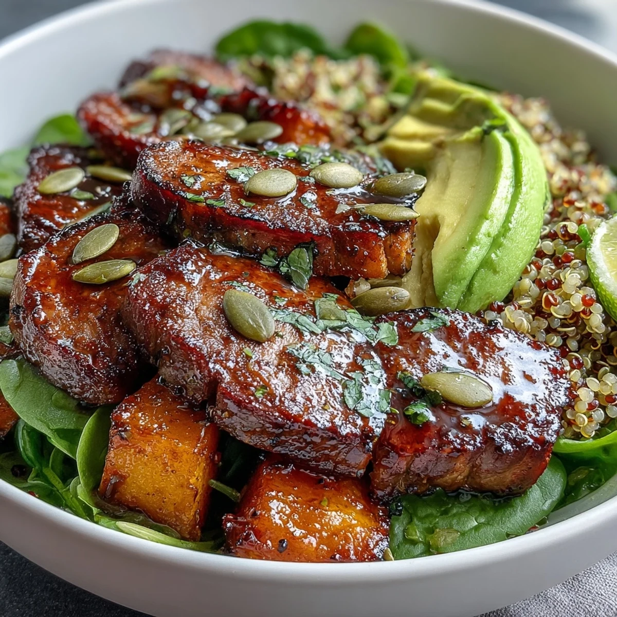 Tazones de Butternut Squash Steak con quinoa esponjosa y aguacate cremoso en un tazón a medida.