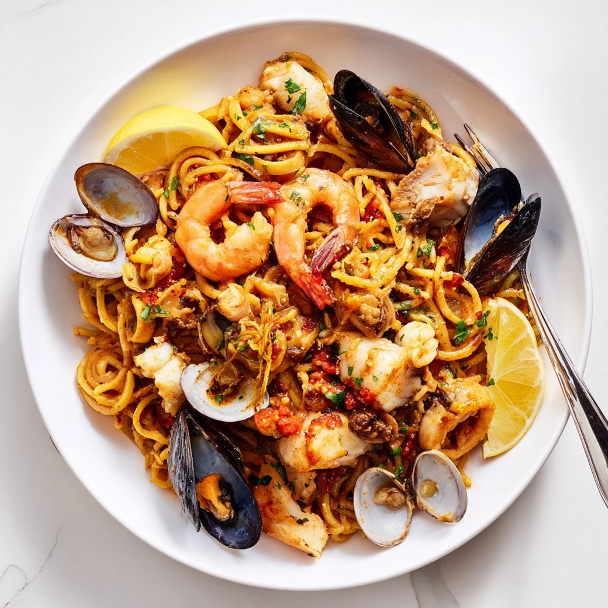 Deliciosa Zesty Seafood Fideuà Skillet, perfecta para compartir y sorprender a los invitados.