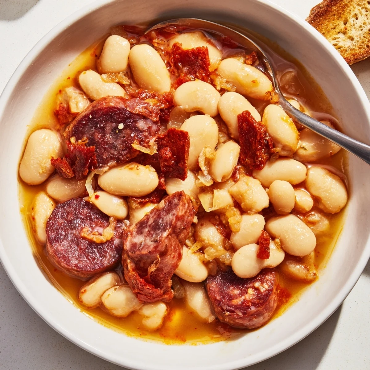 Tazón de fabada, lleno de alubias cremosas y salchichas ahumadas cálidas.  