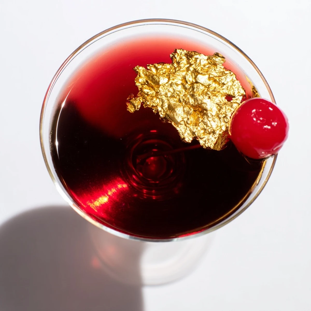 A shimmering Rococo Cherry Martini with gold leaf, a festive cocktail for a luxurious experience.