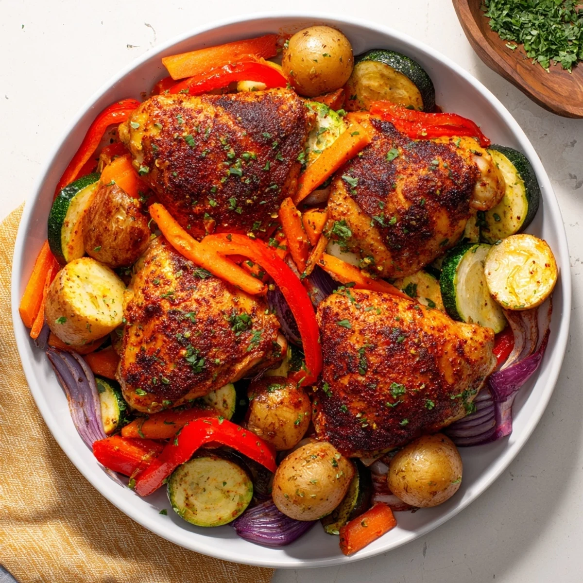 Juicy One-Pan Chicken thighs nestled with tender vegetables, ideal for a gluten-free family dinner.