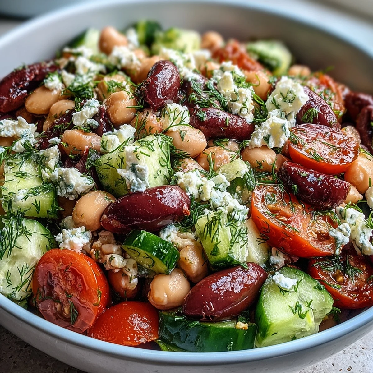Ensalada griega de frijoles con garbanzos, alubias y judías, con pepino crujiente, tomates, aceitunas y feta.