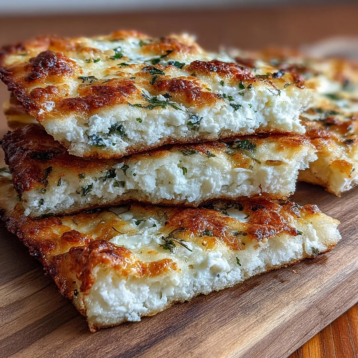 Warm Fluffy Cottage Cheese Flatbread stacked high, brushed with olive oil and herbs for dipping or pizza base.