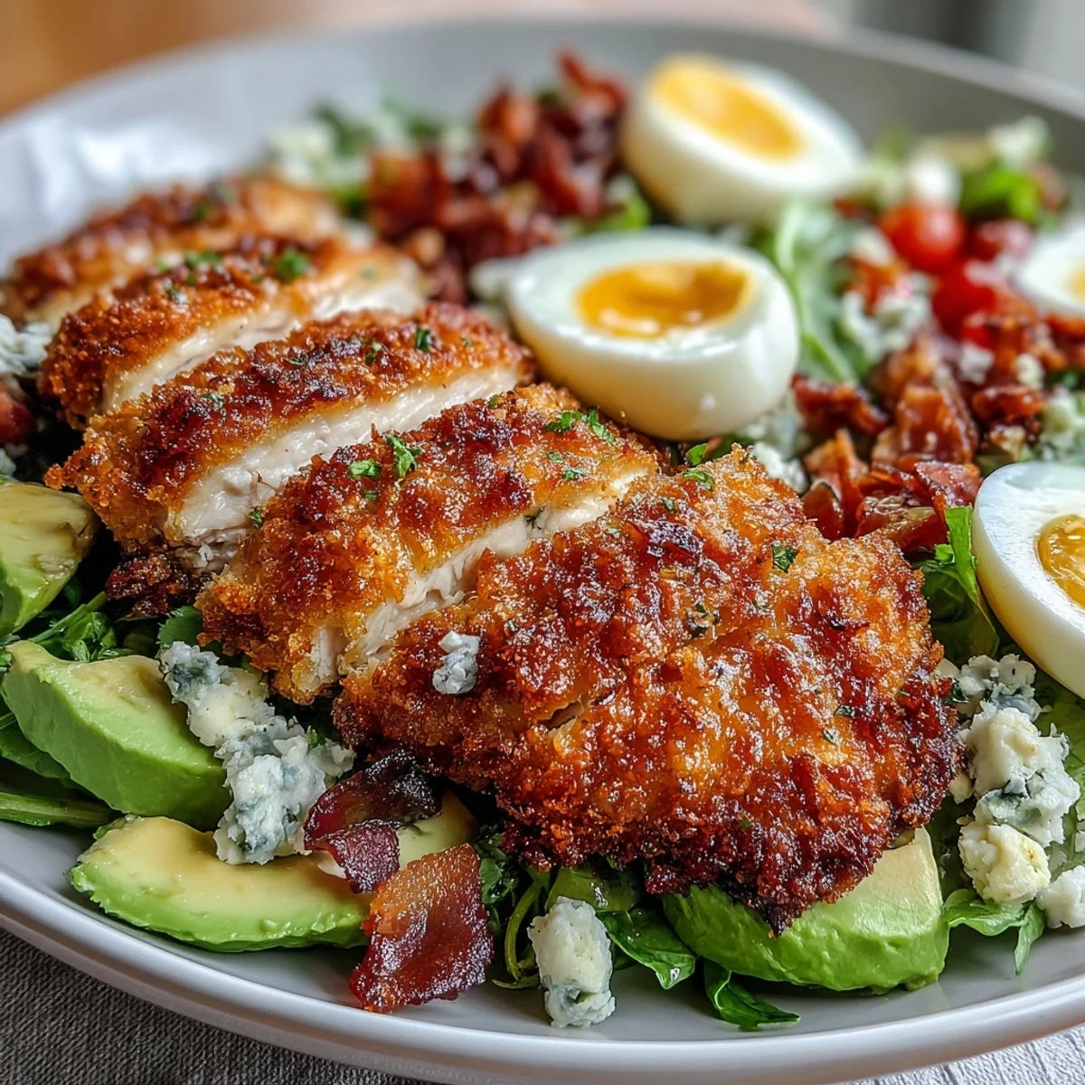 Crunchy Parmesan Crusted Chicken slices layered over a classic Cobb salad with hard-boiled eggs and blue cheese.