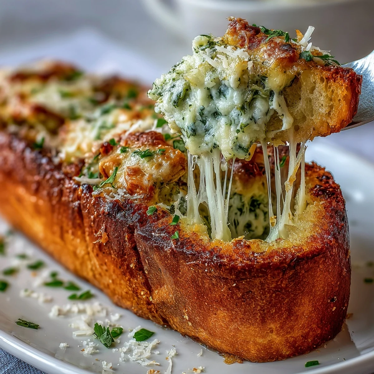 Pesto Chicken Garlic Bread Boats saliendo del horno con queso mozzarella derretido y burbujeante sobre pan de ajo tostado.
