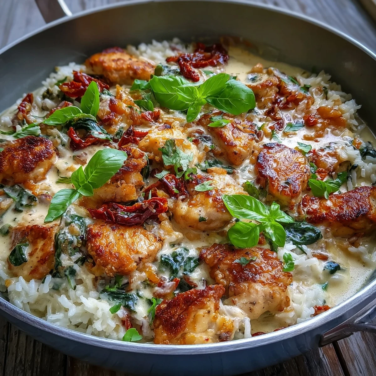 Cremoso pollo Tuscan con arroz en sartén, con pollo dorado, espinacas y tomates secos, servido en sartén de hierro fundido.