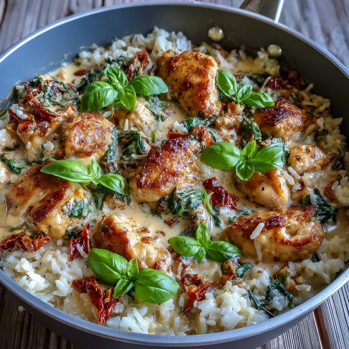 Pollo y arroz estilo Tuscan en sartén, bañados en salsa cremosa de ajo y Parmesano, con espinacas frescas.