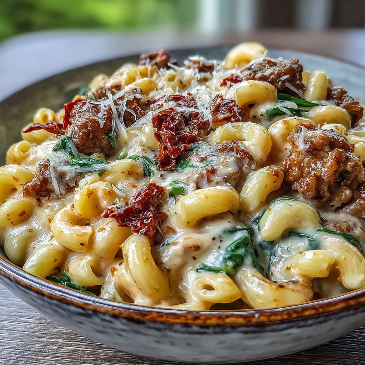 Cremoso Chili Mac estilo Tuscan, con carne molida y salsa de queso Parmesano.