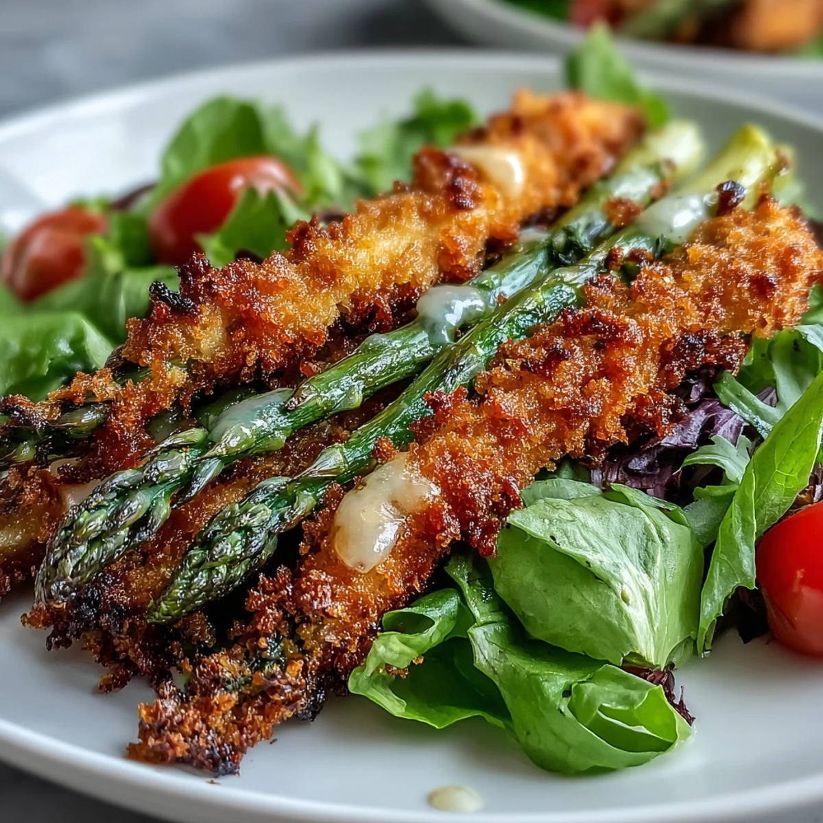 Crispy Parmesan Asparagus Chicken Salad con pollo jugoso, mezcla de hojas verdes y rodajas de tomate cherry, terminada con aderezo de limón.