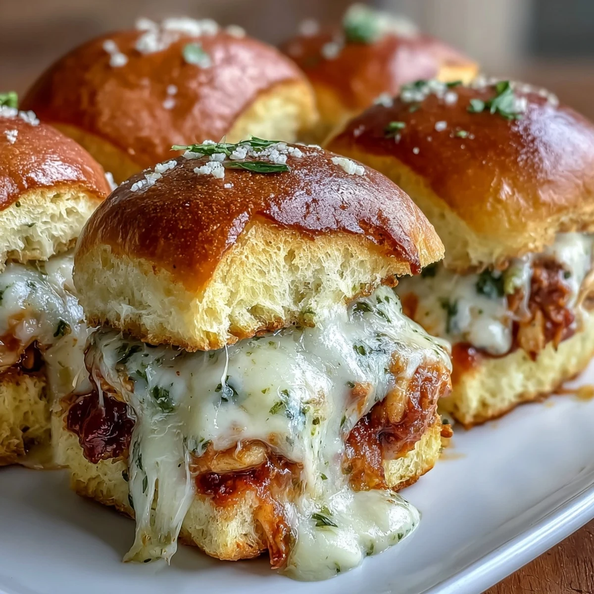 Pesto Chicken Parmesan Sliders: golden brioche buns with bubbly mozzarella and fresh basil garnish on a platter.
