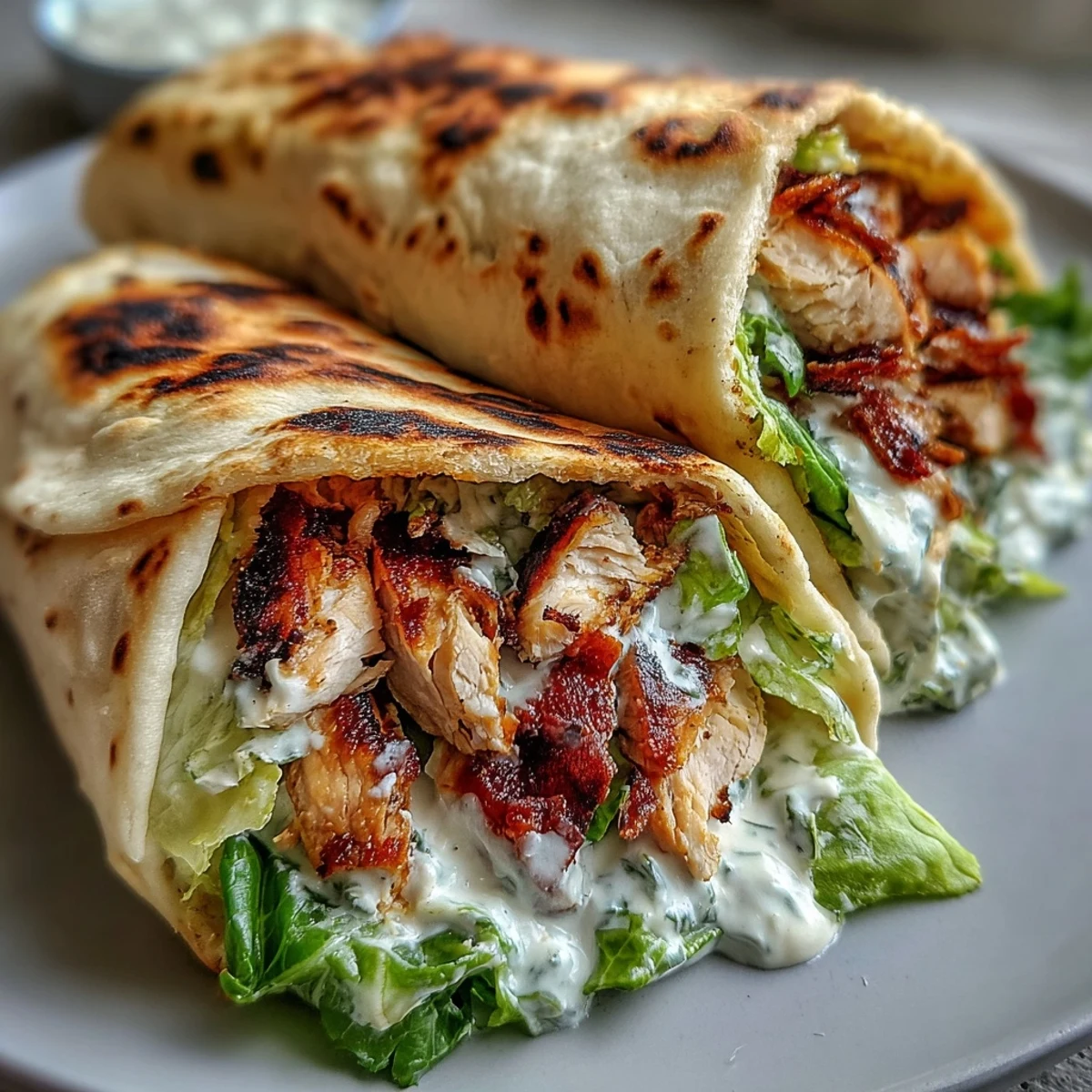Deliciosos Garlic Naan Grilled Chicken Caesar Wraps enrollados, con pollo a la parrilla y lechuga romana fresca.