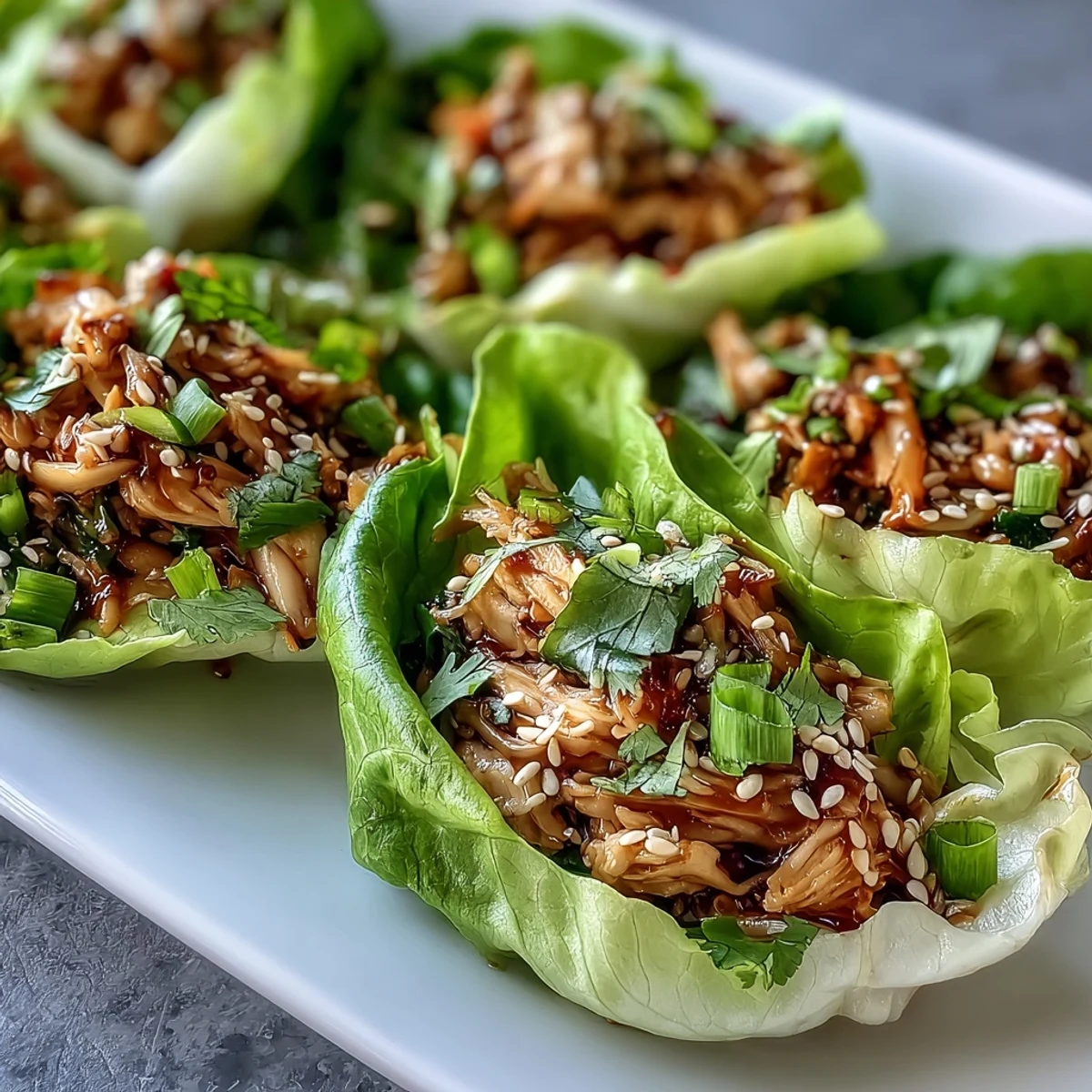 Potsticker Noodle Lettuce Cups filled with savory turkey, noodles, and vegetables, garnished with sesame seeds for a fresh handheld meal.