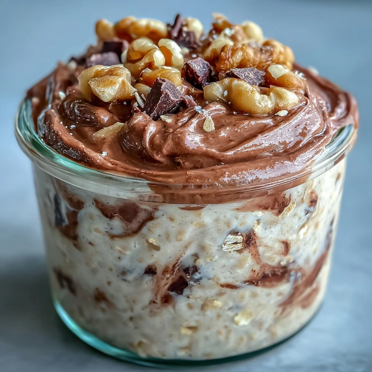 Chilled jars of Chunky Monkey Protein Overnight Oats layered with banana slices and chocolate chips.