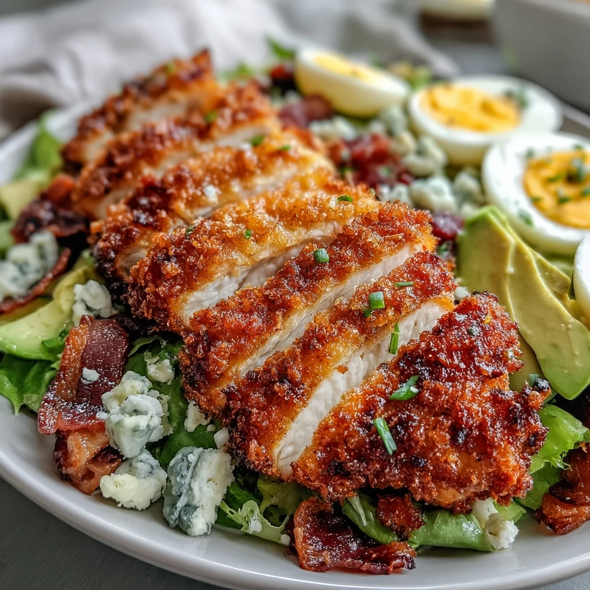 Cobb salad with Parmesan Crusted Chicken thighs, creamy avocado, and crispy bacon on a bed of fresh greens.