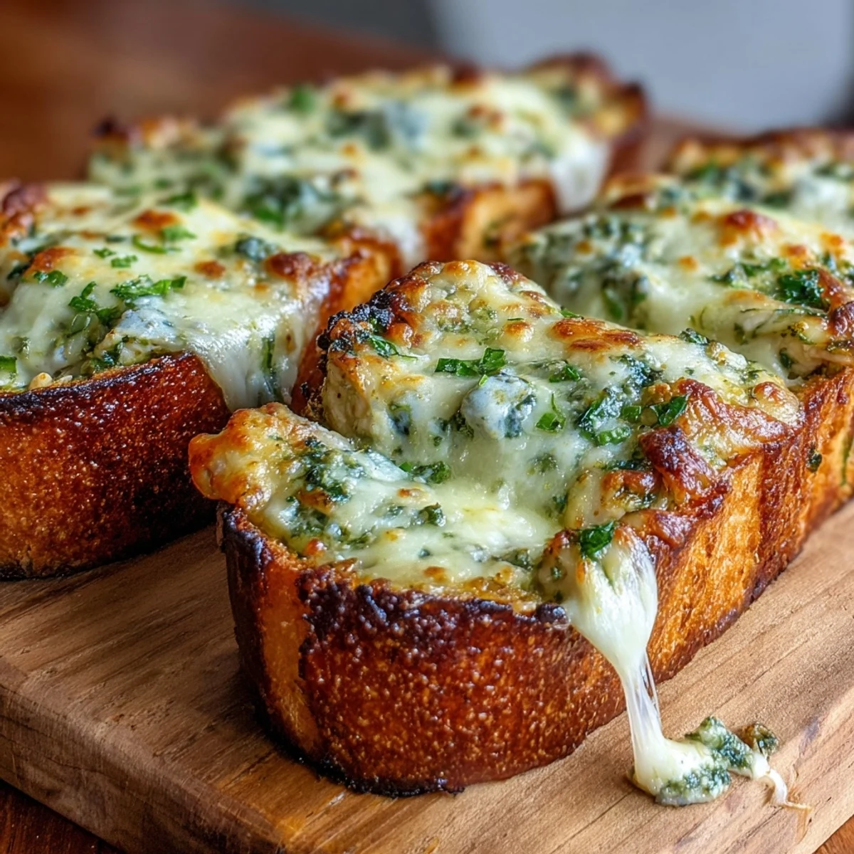 Barcos de pan de ajo con pollo al pesto y queso mozzarella, perfectos para compartir como aperitivo reconfortante.