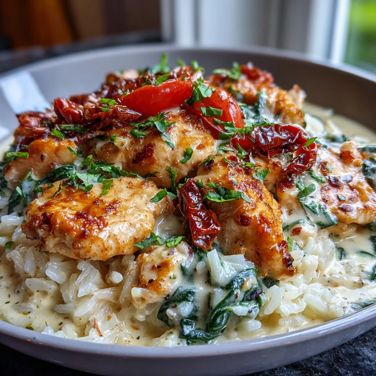 Arroz con pollo Tuscan con salsa de ajo y nata, servido caliente.
