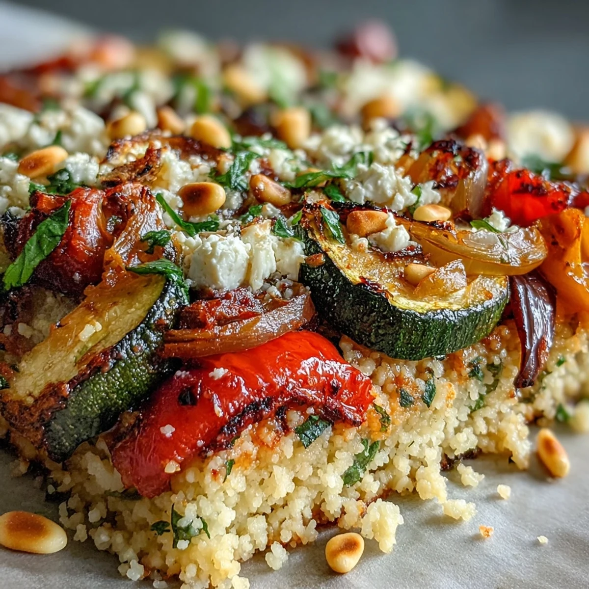 Golden Roasted Veggie & Feta Couscous Bake fresh from the oven, featuring bubbly cheese and colorful Mediterranean vegetables.
