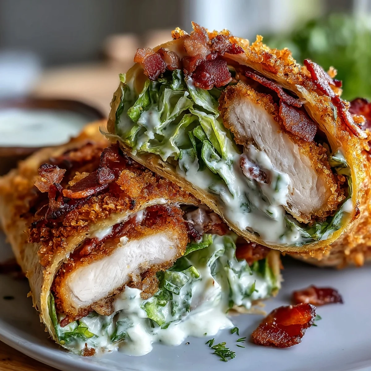 Crispy Chicken Bacon Caesar Wraps con pollo empanizado, aderezo César cremoso, lechuga romana y tocino crujiente para comer.