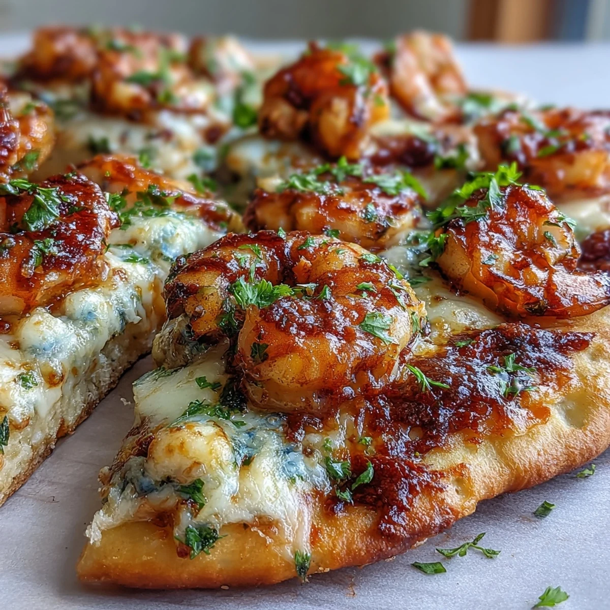 Sizzling garlic shrimp and melted cheese on warm naan bread for a quick Garlic Butter Shrimp Naan Pizzas meal.