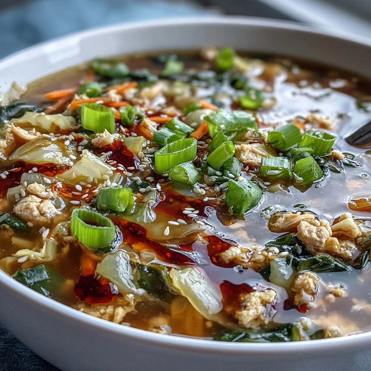 Sopa Egg Roll Soup with Chicken & Cabbage con caldo aromático, repollo crujiente y tiras de zanahoria, lista para servir caliente.