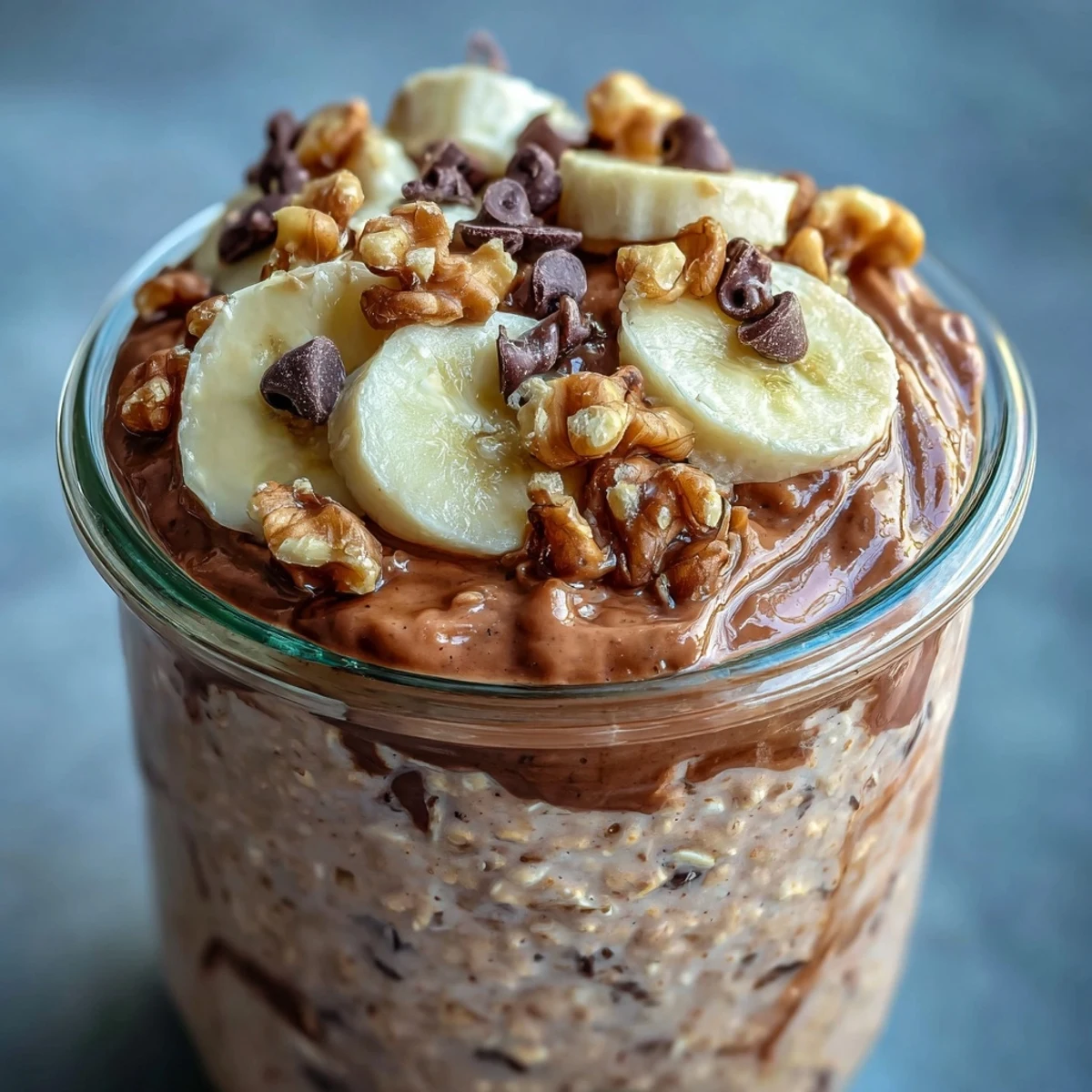 Chunky Monkey Protein Overnight Oats en frascos, con plátano en rodajas, mantequilla de cacahuate y nueces crujientes.
