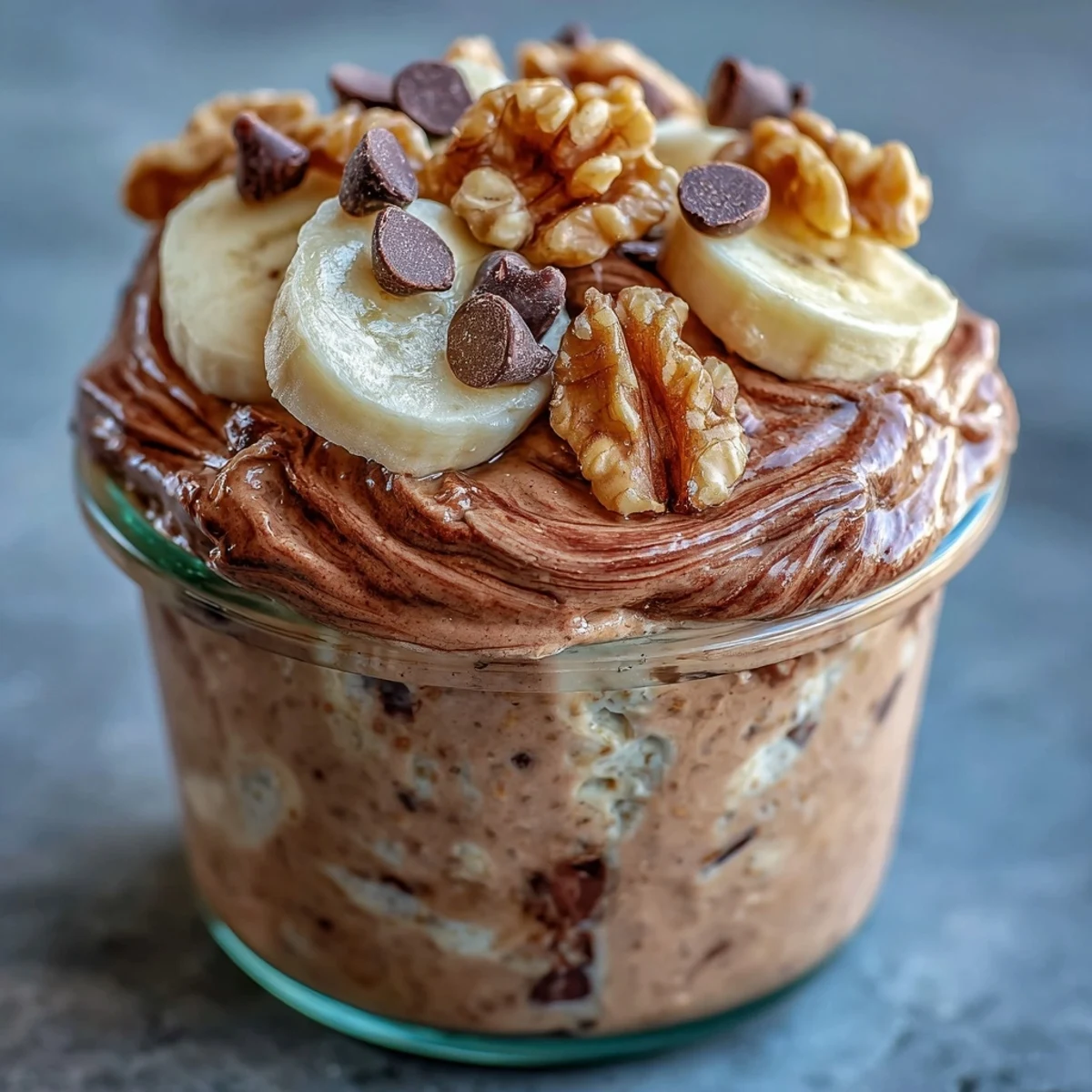 Cucharada de Chunky Monkey Protein Overnight Oats en tazón, con trozos de plátano y virutas de chocolate para servir.