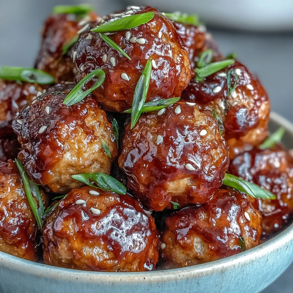 Spicy Chili Honey Turkey Meatballs glazed with sweet heat, resting on a serving plate with green onions and sesame seeds.
