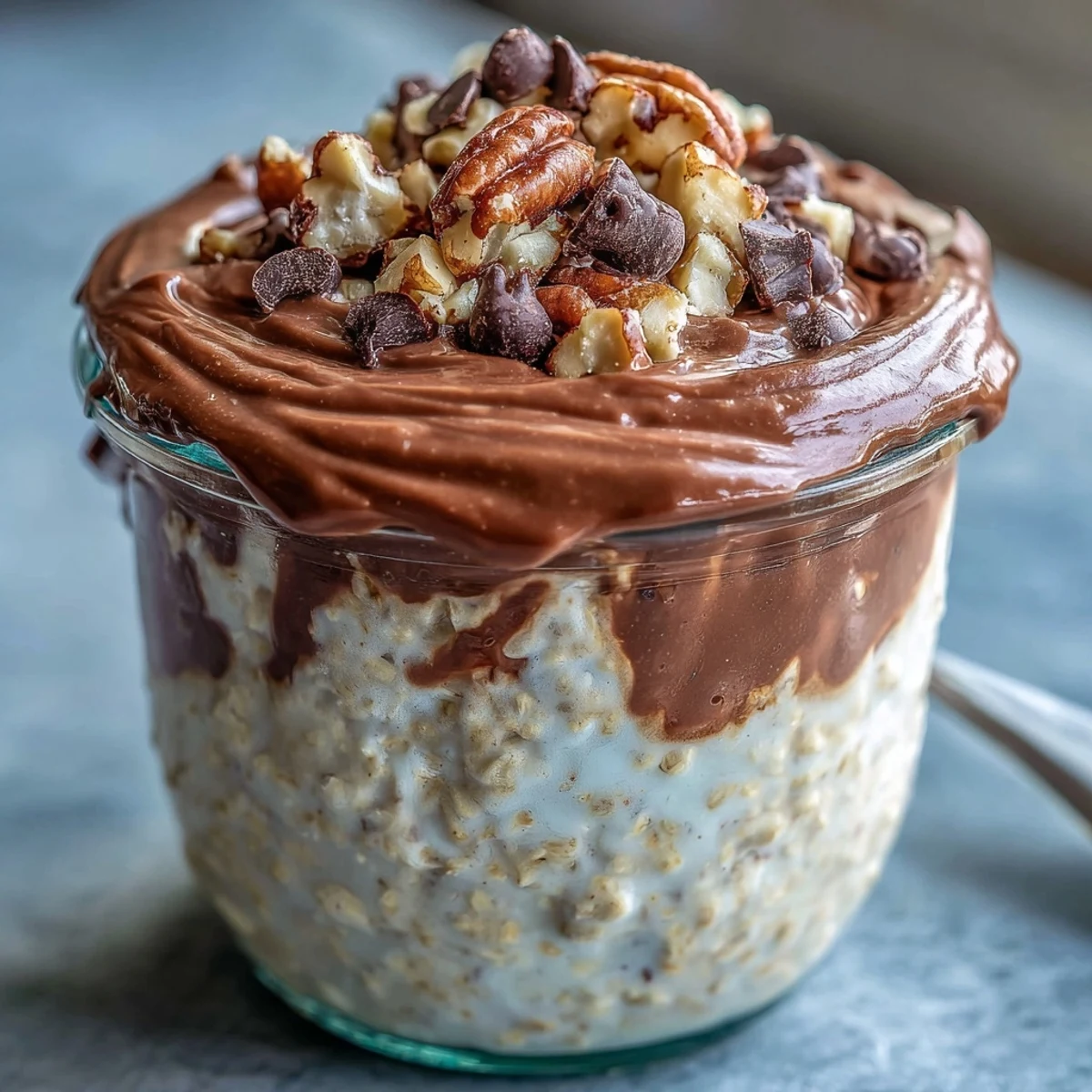 A glimpse of creamy Peanut Butter Cup Overnight Oats layered with rich cocoa ganache and chocolate chips, ready for a decadent breakfast.