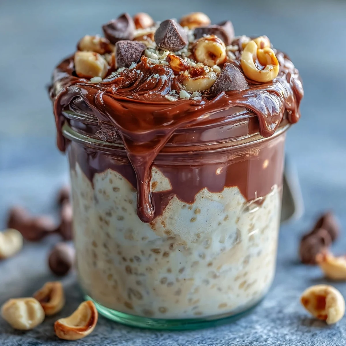 Visual of Peanut Butter Cup Overnight Oats in glass jars with cocoa ganache swirls and chopped peanuts, perfect for meal prep.