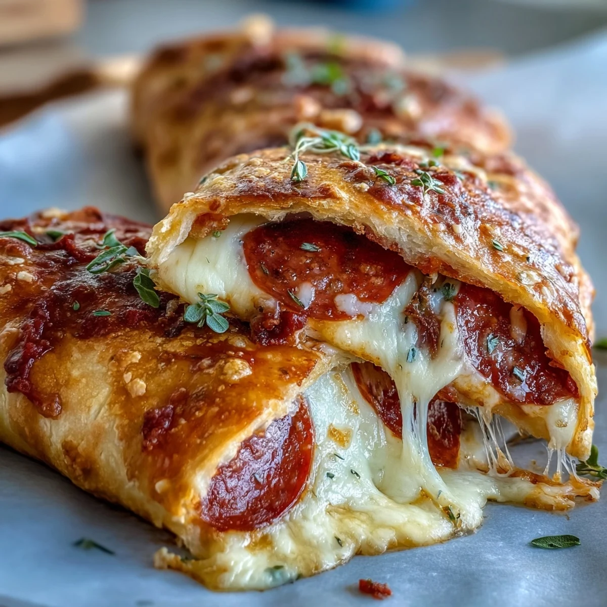 Baked High-Protein Pepperoni Stromboli en bandeja dorada, con queso mozzarella derretido y rodajas de pepperoni crujientes para un bocado saludable.