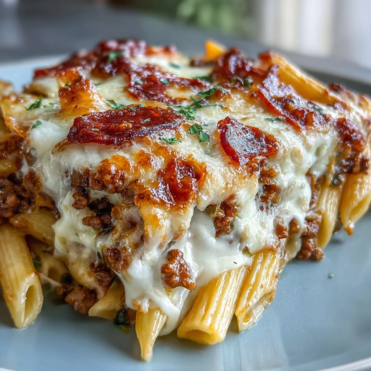 Bandeja horneada de High-Protein Pizza Pasta Bake con hierbas frescas, lista para servir con ensalada.