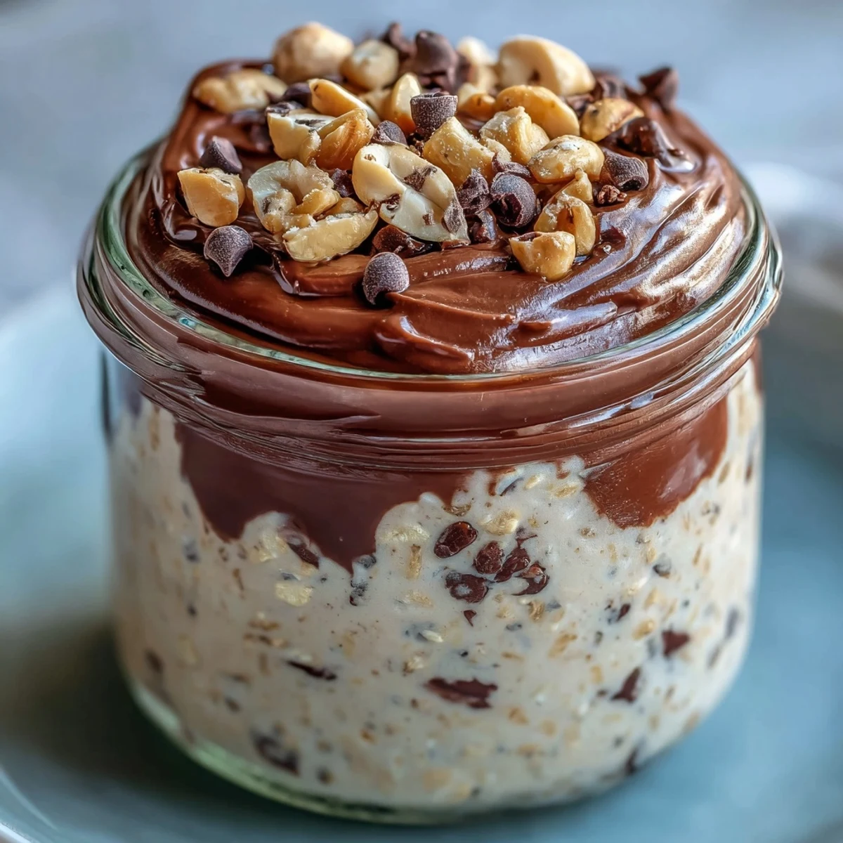 Delicioso desayuno de Peanut Butter Cup Overnight Oats, acompañado de café y toppings de virutas de chocolate.