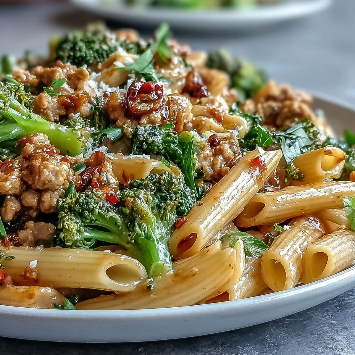 Perfectly cooked ground turkey with crisp broccoli and penne in a glossy sweet and spicy sauce.