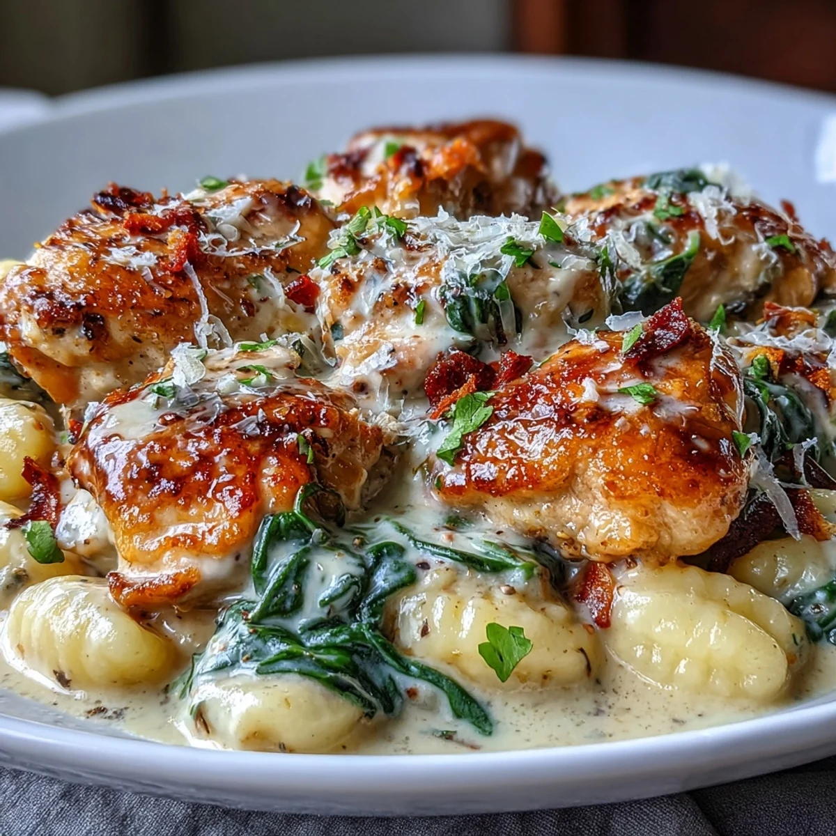 Juicy seared thighs and pillowy gnocchi in One-Pan Creamy Garlic Chicken Gnocchi, served with crusty bread.