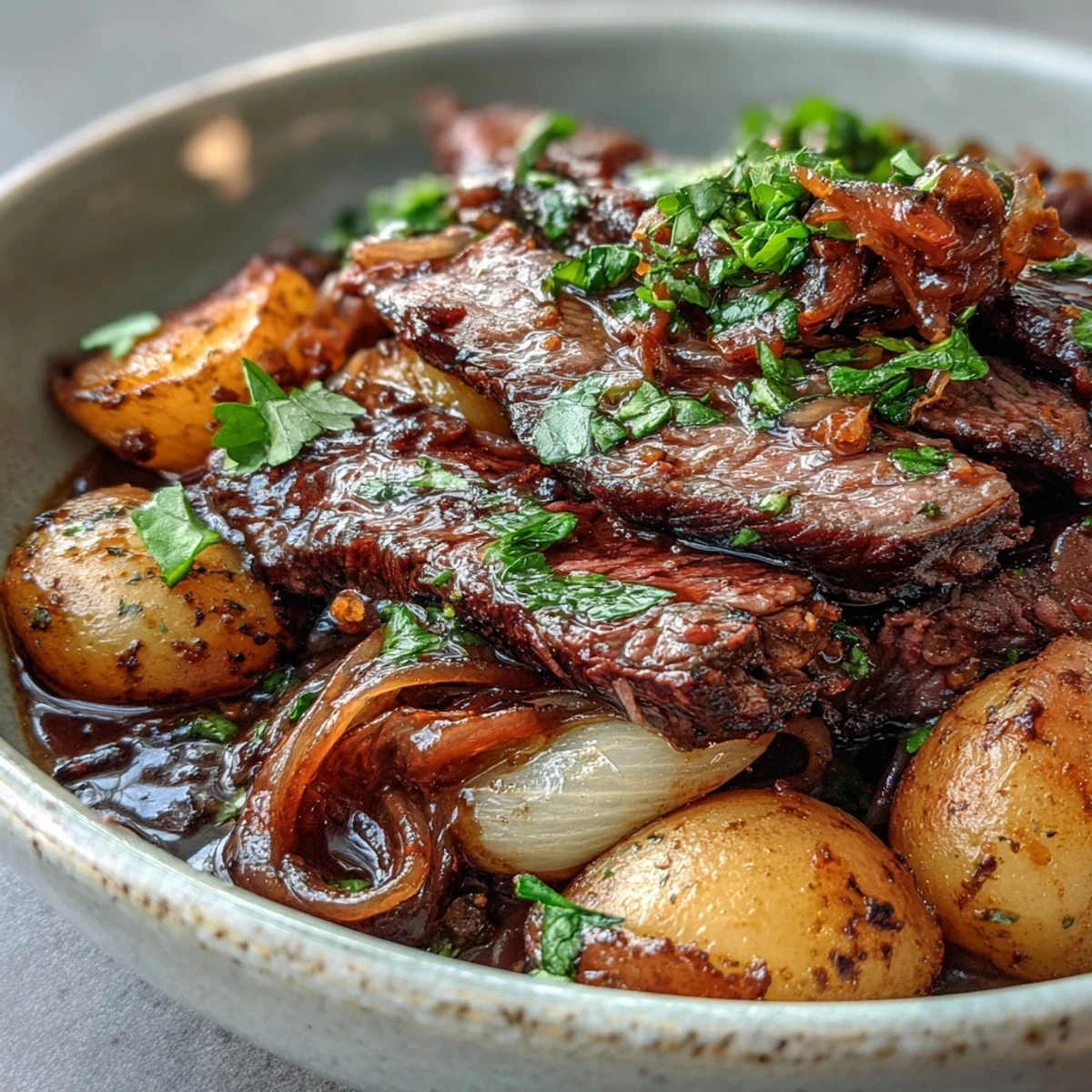 Japanese Nikujaga con res tierna, papas cerosas y cebolla en salsa de soja brillante, servida caliente para una comida reconfortante.