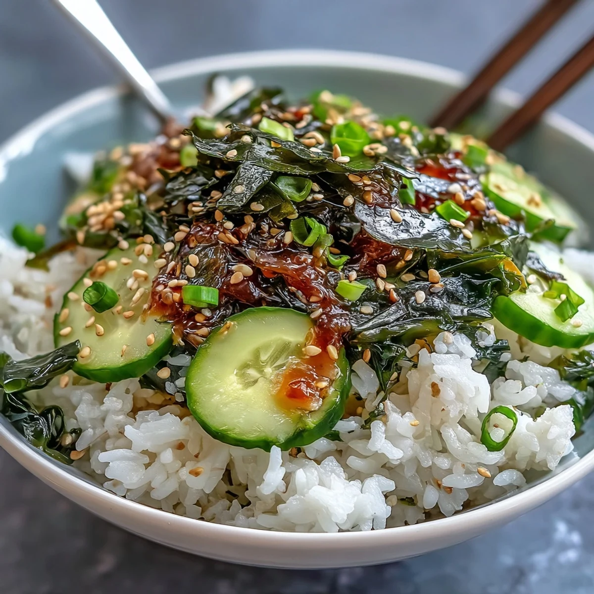 Bowl de arroz con nori y algas servido con jengibre encurtido, salsa de soja y un toque de sésamo.