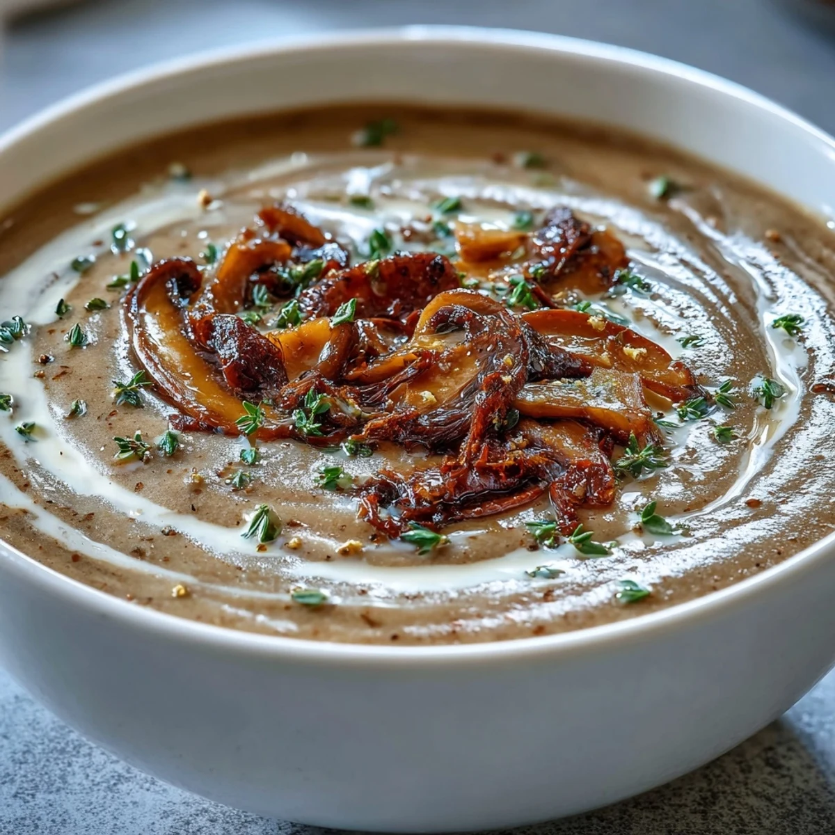 Aromatic Creamy Mushroom & Cardamom Soup blended smooth, with sautéed mushrooms visible and a cream drizzle on top