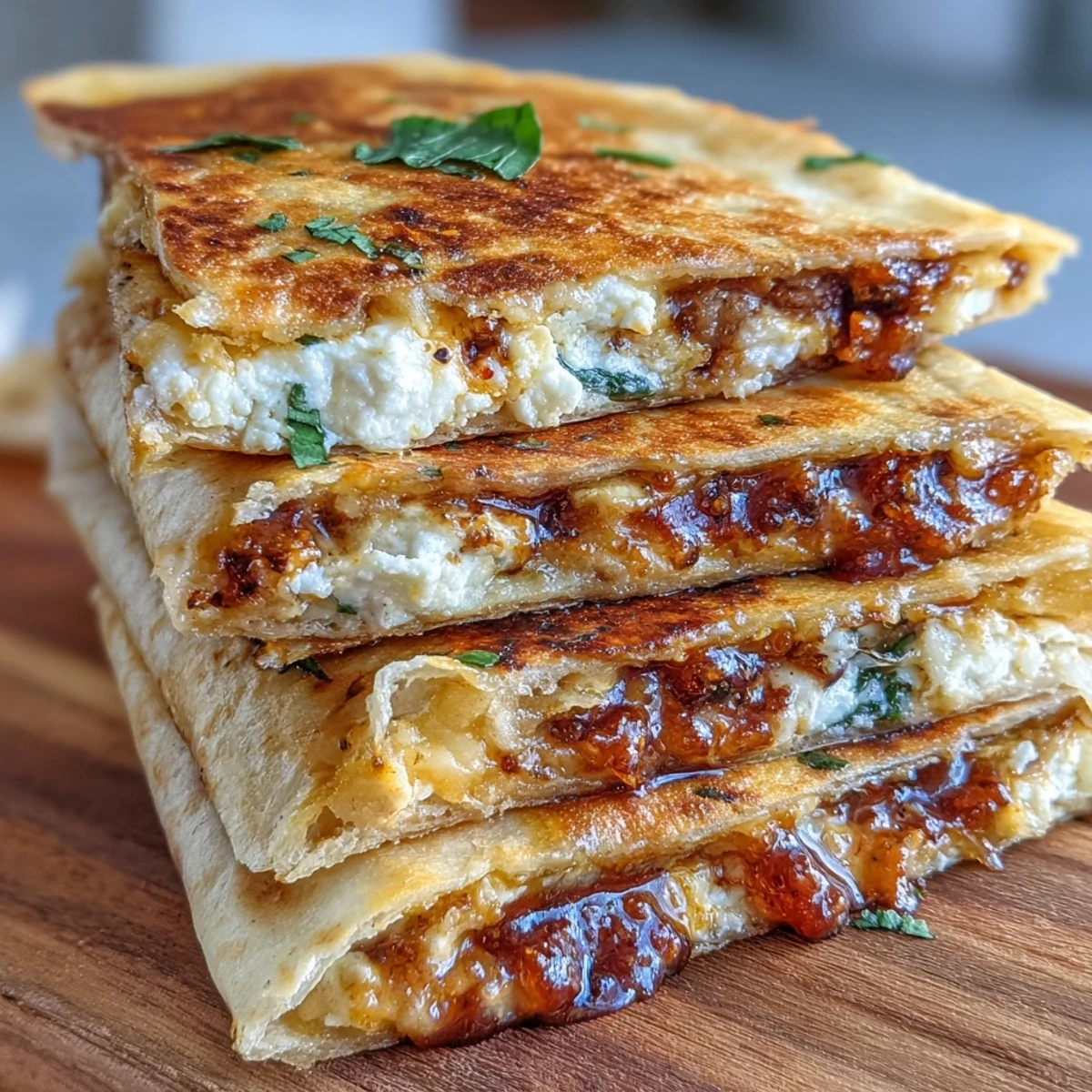 Golden-brown Chilli Jam & Goat Cheese Quesadilla sliced into wedges, with melted goat cheese oozing from crispy tortillas.